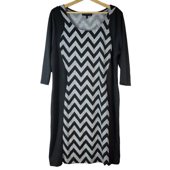 Derek Heart Plus Chevron Dress Black Size 2X Knee Gray Panel Half Sleeve Knit - Picture 1 of 6